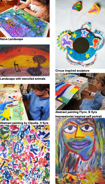 Children painting and sculpting in a art studio