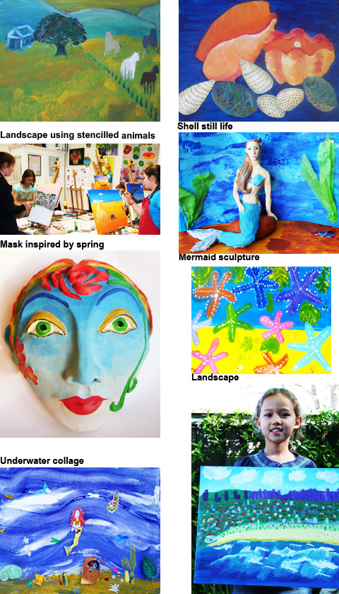 sculpture of a mask and a mermaid children painting in a art studio