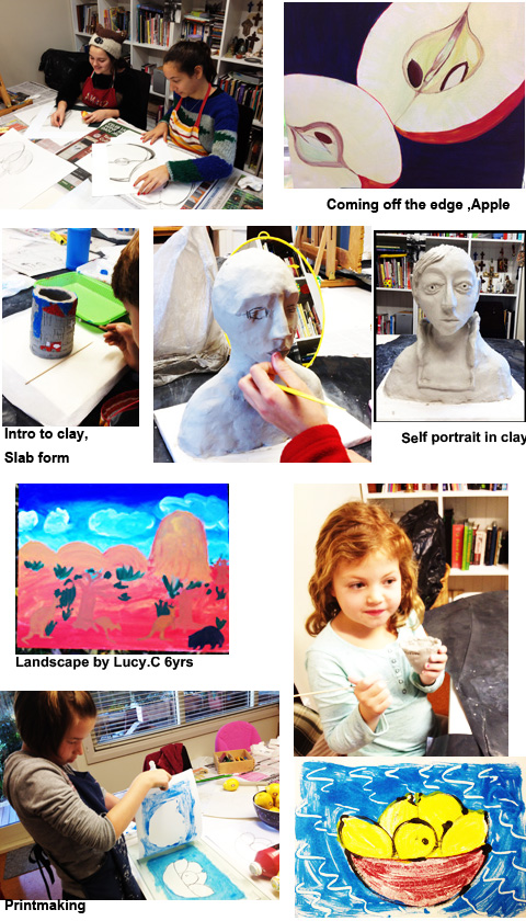 children's art works  of landscapes, apples, lemons, clay and ceramics